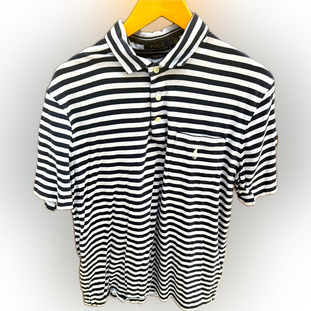NWT Polo RALPH LAUREN MENS SS STRIPE LITE & DARK BLUE POCKET SHIRT PONY LARGE